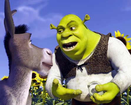 Shrek (voice of actor Mike Myers) and the Donkey (voice of actor Edie Murphy) in Shrek.