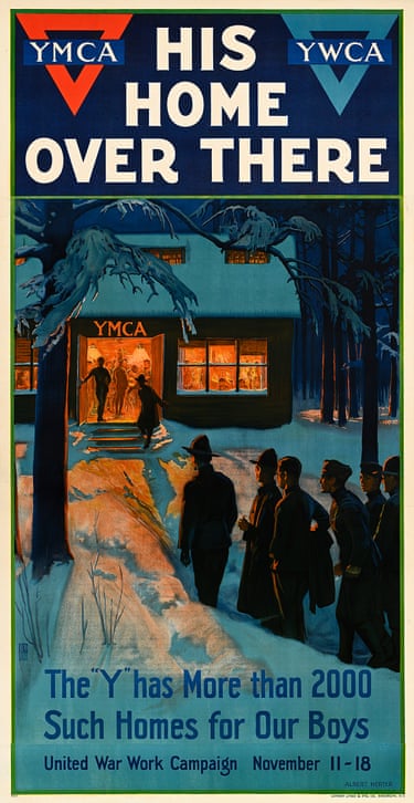 A poster of a building labeled YMCA with soldiers lining up