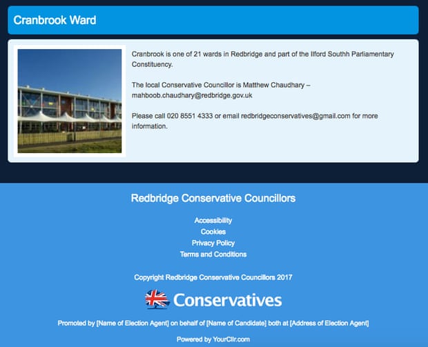 Screenshot of the Redbridge Conservatives website, with the wrong candidate name and a boilerplate imprint.