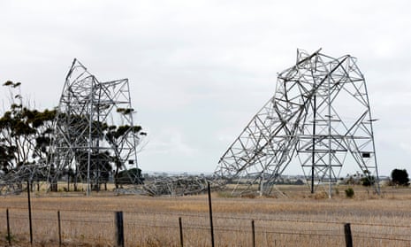 Electricity transmission towers at Anakie in Victoria, damaged in Tuesday’s severe weather
