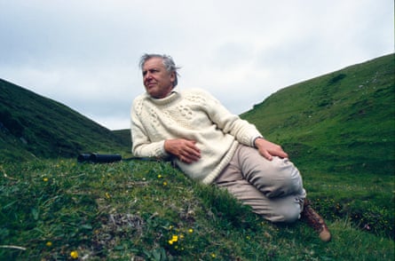 Sir David Attenborough lying on a grassy hill, binoculars beside him, in 1995