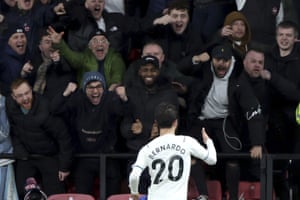 Manchester City’s Bernardo Silva celebrates after scoring his side’s second goal.