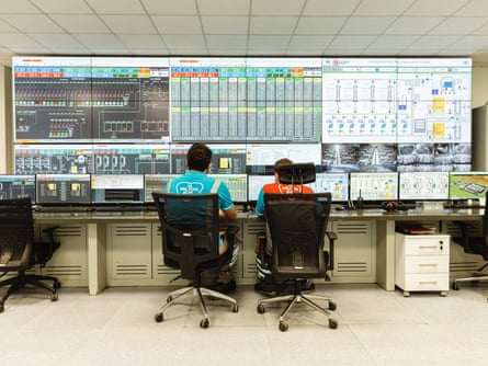 Engineers monitor energy production at the power plant near the Seymen site.
