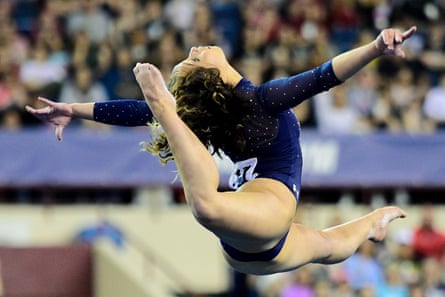 Katelyn Ohashi performs a floor routine during the 2019 NCAA Division I women’s gymnastics championship.