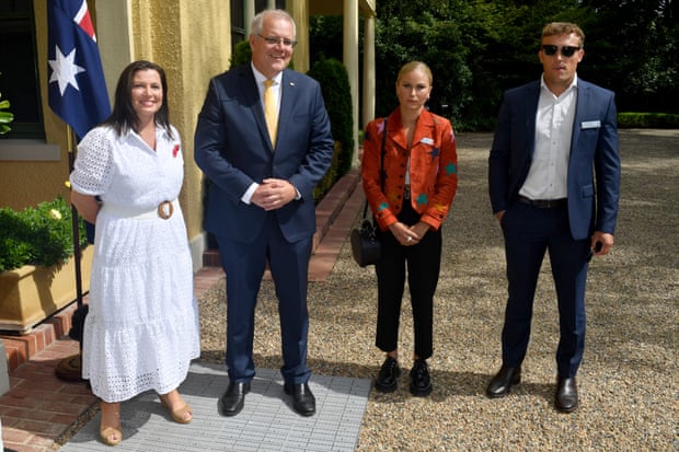 Prime Minister Scott Morrison, wife Jenny and 2021 Australian of the Year Grace Tame and partner Max Heerey. 