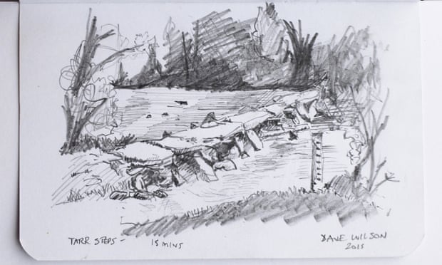 An illustration of the Tarr Steps found in one of the poetry boxes, by Dave Wilson.