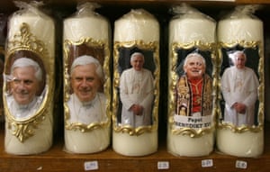 Candles with pictures of Benedict on display during his visit to the Bavarian village of Altötting in 2006