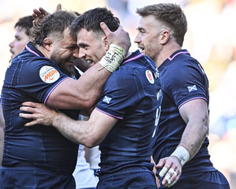 Ben White celebrates his try with Pierre Schoeman (left).