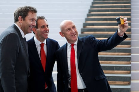 Lars Klingbeil, Vice-Chancellor of Germany, John Healey, British Chancellor of the Exchequer, and Jim Chalmers, Treasurer of Australia, take a selfie at the IMF/World Bank 2026 Annual Meetings at Queen Sirikit National Convention Center (QSNCC) in Bangkok, Thailand.