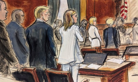 In this courtroom sketch, prospective jurors file into the courtroom as Donald Trump, third left, stands surrounded by his defense team. Alina Habba, fourth left, Trump’s lead defense attorney, stands beside him. E. Jean Carroll, background second from right, stands with her attorney Roberta Kaplan, Tuesday, Jan. 16, 2024, in New York.