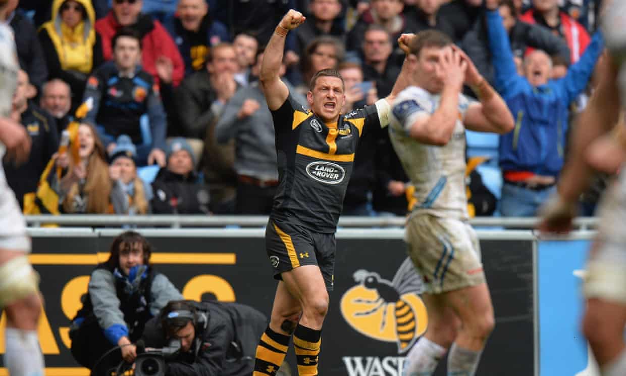 Jimmy Gopperth celebrates kicking the winning points for Wasps in their Champions Cup quarter-final win over Exeter Chiefs in Coventry.