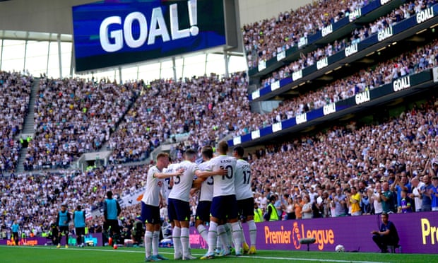 Tottenham players celebrate after Eric Dier scored their second goal.
