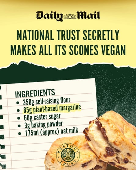 A Facebook post with the Daily Mail masthead above headline saying National Trust secretly makes all its scones vegan and a list of scone ingredients next to two scones