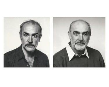 Black and white passport photos of Sean Connery from 1977 and 1982