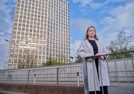Emma Tilley, who helped investigate the case of a woman who jumped from Wembley Point (a tower block in back of picture) in 2004 and is doing a PhD on unidentified bodies