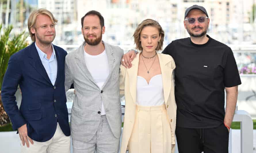 Serebrennikov (far right) poses with producer Ilya Stewart (far left) and the stars of Tchaikovsky's wife Odin Biron and Alona Mikhailova.