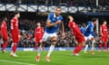 Dominic Calvert-Lewin celebrates after heading Everton 2-0 up and striking a big blow to Liverpool’s title hopes.