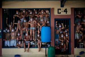 Members of gangs in a cell at the Quezaltepeque prison where inspectors were examining conditions in light of Covid-19.