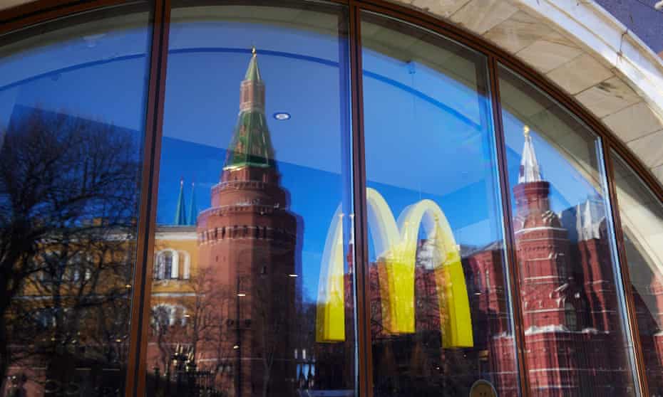 Kremlin towers reflected in window of McDonald’s