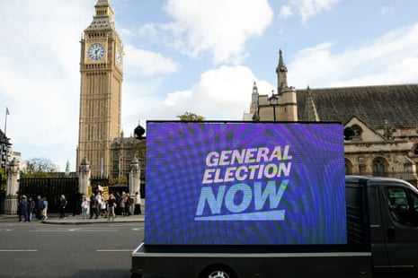 A van driving around Westminster today with an advert from the Led by Donkeys campaign calling for a general election now.
