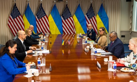 The US defense secretary, Lloyd Austin (centre right), meeting the Ukrainian prime minister, Denys Shmyhal (centre left), at the Pentagon