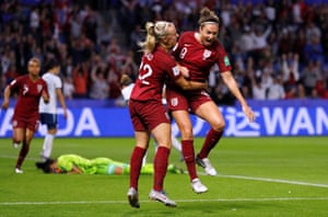 Jodie Taylor celebrates her goal with Beth Mead.