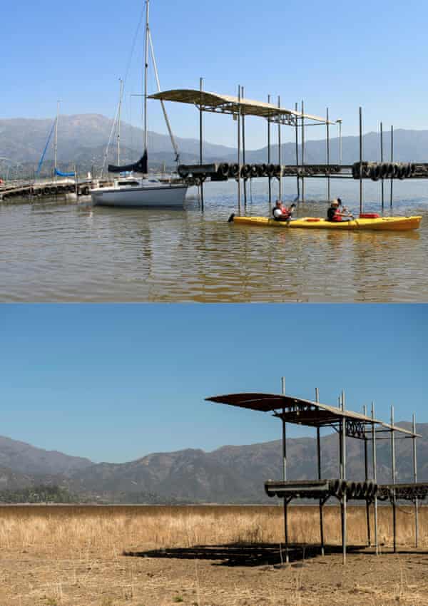 Above, people kayak at Lake Aculio in Paine, Chile, on January 1, 2013, and a view of the dry lake taken at the same spot on March 5, 2019.