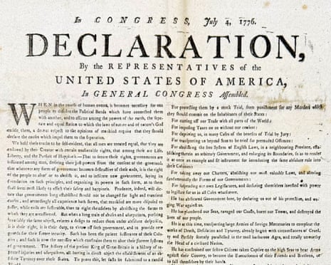 A printed page showing the header and opening paragraphs of the Declaration of Independence dated July 4, 1776