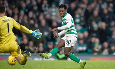 Celtic’s Jeremie Frimpong scores their opening goal during Sunday’s 2-0 win against Hibernian at Parkhead.