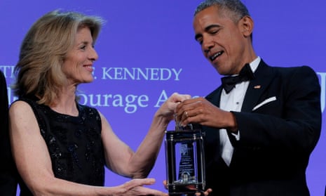 Caroline Kennedy presents the 2017 Profile in Courage Award to former US president Barack Obama during a ceremony at the John F. Kennedy Library in Boston, Massachusetts, May 2017.
