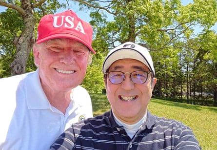 A 2019 photo showing Donald Trump and Shinzo Abe while playing a round of golf at Mobara Country Club in Chiba