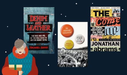 Three book jackets - Denim and Leather by Michael Han, In Perfect Harmony by Will Hodgkinson and The Come Up by Jonathan Abrams - and an illustration of a woman holding a gift box.