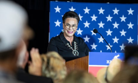 Harriet Hageman speaks to supporters during a primary election night party in Cheyenne, Wyoming, on 16 August. 