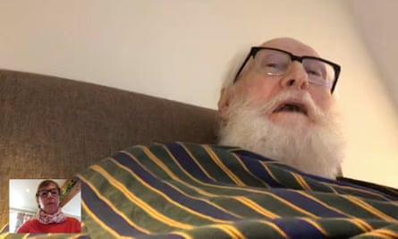 Anne Cowan video calling her husband, Andrew, in his care home.