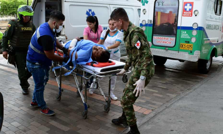 A wounded man is admitted to a clinic in Cúcuta, Colombia, on 14 May 2019, after an attack with explosives to a judicial commission in the turbulent region of Catatumbo, which left two people dead and eight wounded.