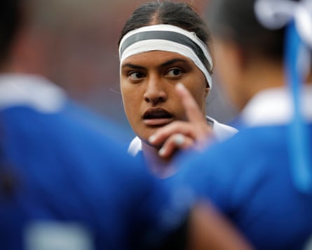 The Samoa lock Ana-Lise Sio gestures as her team gather under their posts after another Australian try.
