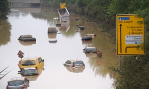 Submerged cars and other vehicles are seen on the federal highway in western Germany, after heavy rains hit parts of the country, causing widespread flooding and major damage.