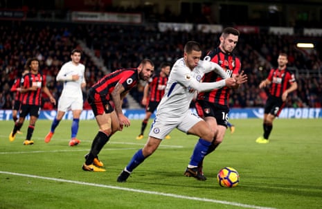 Eden Hazard attempts to get past Bournemouth’s Lewis Cook and start another Chelsea attack.