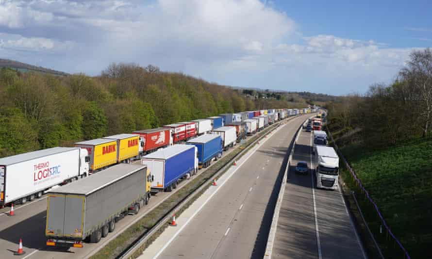 Lorries queued in Operation Brock on the M20 near Ashford in Kent yesterday