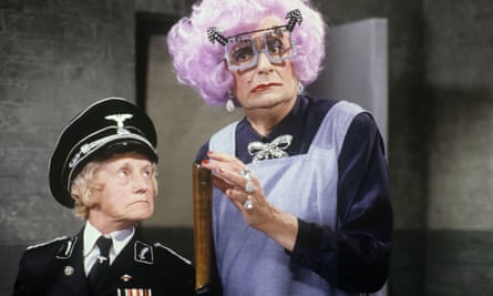 Barry Humphries as Dame Edna Everage, right, with Emily Perry as her ‘New Zealand bridesmaid’ Madge Allsop, in 1989.