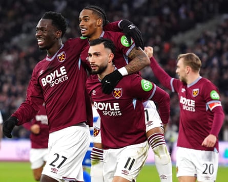 West Ham’s Crysencio Summerville (centre) celebrates scoring his side’s first goal of the game with Taty Castellanos (right) and Soungoutou Magassa