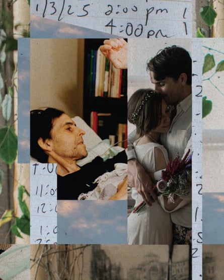 collage of a couple embracing and a man in a hospital bed