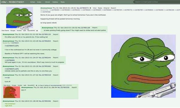 A conversation on the website 4Chan where an anonymous poster warns of violence to come in the northwest of Oregon, USA. 