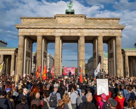A large crowd protesting against the AfD gathers with flags and signs at the Brandenburg Gate