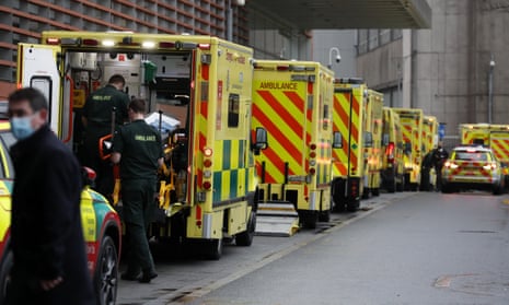 Ambulances queue at the Royal London hospital in London during lockdown, January 2021