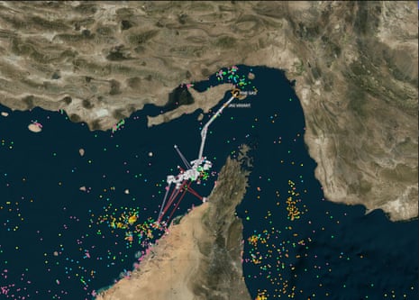 A map showing vessel movements in the strait of Hormuz
