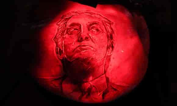 A pumpkin bearing a carved image of Republican presidential candidate Donald Trump is on display at the 'Rise of the Jack O'Lanterns' show in Los Angeles, California.
