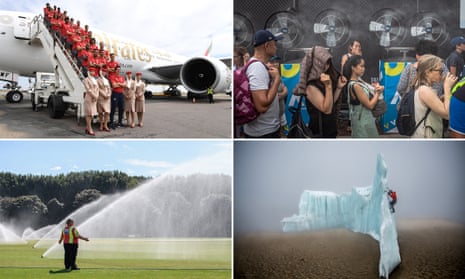 Clockwise from top left: the Arsenal squad pose for a picture on the steps of their plane; tennis fans stand in a line next to water fans during the Australian Open; Will Gadd ice climbing near the summit of Mount Kilimanjaro; sprinklers are turned on following an ICC U19 Cricket World Cup match