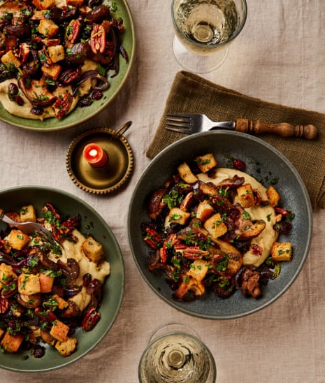 Rukmini Iyer’s spicy roast mushrooms with cranberries, croutons and butterbean mash.