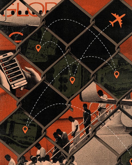 A collage of a chain-link fence overlaying several images. In one panel a hand holds a phone displaying repeated call log entries labeled “Call failed.” In multiple panels, maps are shown with location markers and a plane's path connects them with dotted lines. In the lower right, a group of people, handcuffed, descend airplane stairs in a single-file line.